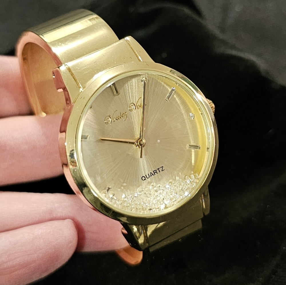 98 - Voulez Vous Stainless Steel Quartz Stone Crystal Designer Bangle Cuff Watch
